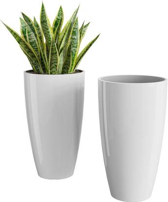 nvisan Plastic Tower Pot 14 inch White Plant Container Set