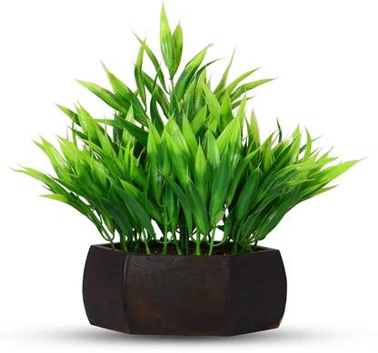 TRUTHCART Plastic & Wood Artificial Bamboo Leaves Plant with Wood Hexagon Pot Artificial Plant  with Pot