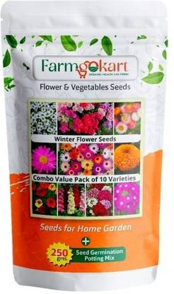 farmgokart Flower Seed Combo - 10 Varieties + 250 Gms Soil Potting Mix| RFLO-02| Seed