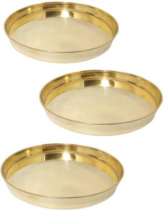A&H Brass Traditional Dinner Plate / Thali / Heavy Gauge Khumcha / Full Plate Set of 3 pc For Pooja & Serving Purpose ( Plain Design Tableware & Serveware , [ 11 inch ] 27 cm Each) - 3 Pieces Dinner Plate