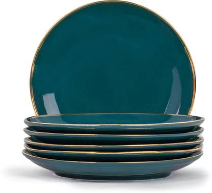 Shay Ceramic Dinner Plate Set of 6 | Teal Gold | For Daily Use & Hosting Guests Dinner Plate