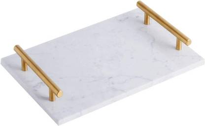 Eddika Natural Rectangular Marble Tray with Gold Metal Handles Tray