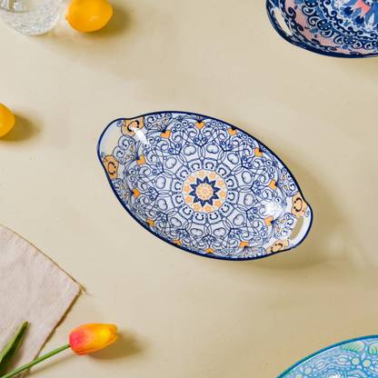 Nestasia Dark Blue Mandala Ceramic Long Dish with Handles for Serving Snacks Tray