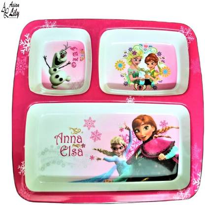 shree murti Melamine Kids Plate | Square 3 Section 10'' with Partition (Anna Elsa)) Sectioned Plate