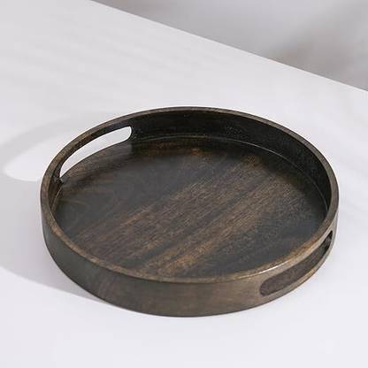 WoodCurlsLLP Aret Wooden Serving Tray with Handle|Round Tray|Multipurpose Tray Tray