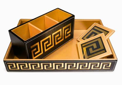 Newpinch Leatherhite Multipurpose Use Bedside Table Tray Set with 2 Coasters Tray