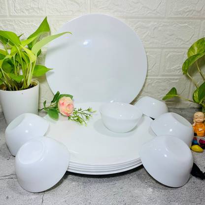 HomeFrills Opal Glass Plain White Full Size 6 Dinner Plate/ Thali with 12 Katoris/Bowl Dinner Plate