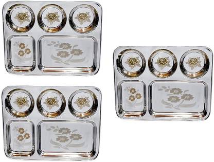 Kapalin BHOJAN THALI SET OF 3 PIECES 5 COMPARTMENTS EACH Sectioned Plate Dinner Plate