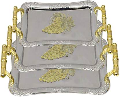 Asha Shop Silver Line Tray Set with Designer Golden Color Handle Tray