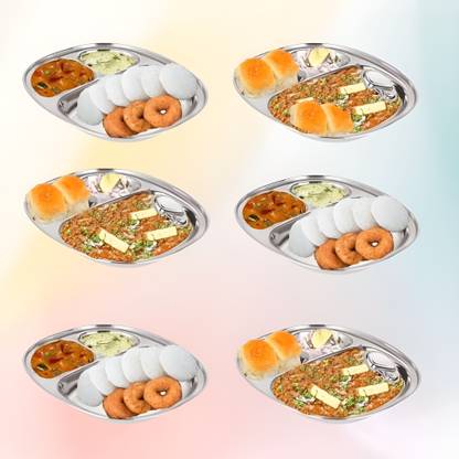 Stylo Stainless Steel Plates Set of 6 Ideal For Idli Sambhar and Pav Bhaji Chip & Dip Tray