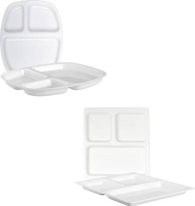 Neena Crockeries Combo of 3 Portion Rectangle Plate and 3 Portion Oval Plate Pk of 4 Sectioned Plate