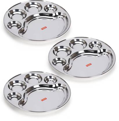 Sumeet Stainless Steel Round 5 in 1 Compartment Lunch / Dinner Plate, 31cm Dia Sectioned Plate