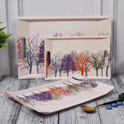 U.P.C. Melamine Multicolor Tree Print Serving Tray, Set of 3 (Small, Medium and Large Size) Ocean Series Tray