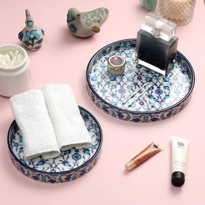 DULI Set of 2 Round Blue Moroccan Design Serving Tray for Diwali & Festive Gifts Tray