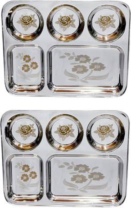 Kapalin BHOJAN THALI SET OF 2 PIECES 5 COMPARTMENTS EACH Sectioned Plate Dinner Plate