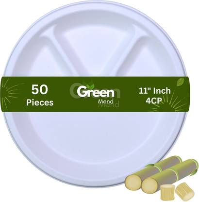 GreenMend 11"in 4 Compartment Round Plates - Disposable Eco friendly Bagasse Plates Dinner Plate