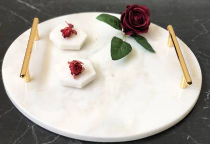 Patharwala Serving tray Banswara marble white stone with brass Tray