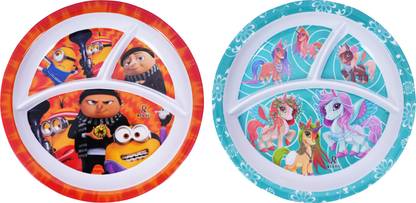 Vishika Store Minions & Unicorn Printed Melamine Kids Round Plate 3 Sectioned Plate