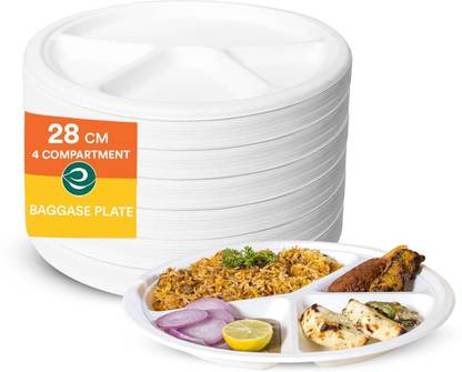 bhavya enterprise 25-Pack 11-Inch 4-Compartment Disposable Bagasse Plates Eco-Friendly Dinnerware Dinner Plate