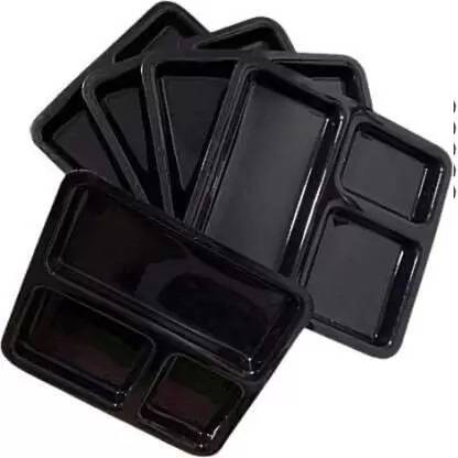 Kanha 3 Compartment Black Square Plastic Section Plates For Serving Snacks Breakfast (25x25 cm) Sectioned Plate