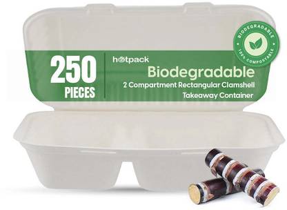 Hotpack 250 Pieces Biodegradable 2 Compartment Rectangular Clamshell Takeaway Container Baking Dish