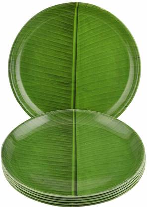 Dine With Us Microwave Safe Round Banana Leaf Print Green Melamine Quarter Plates Freezer Safe Set Of 6 Quarter Plate