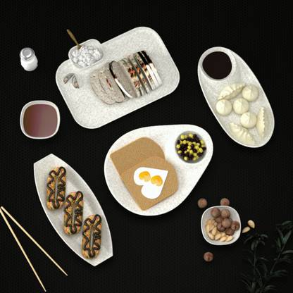 Castleite Islewight Melamin Plates Set with Bowls for Serving Snacks, Marble White, Chip & Dip Tray