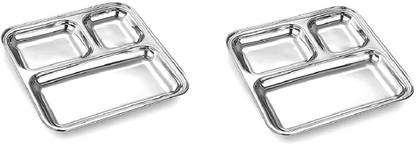Dynore Stainless Steel 3 in 1 Pav Bhaji/ Partition Plate/ Snacks Plate- Set of 2 Sectioned Plate