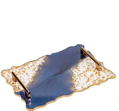 HNHUES Topaz Resin Tray with Golden Handle Multipurpose Tray, Decorative Tray Blue Tray