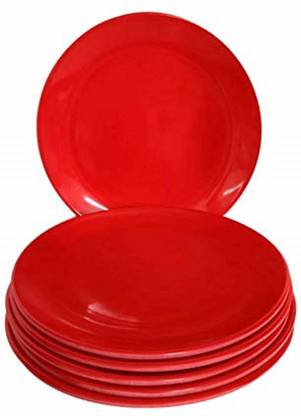 AWICKTIK Unbreakable Round Snacks/Starters Serving Plates (Set of 6; 7 Inch), Red Half Plate