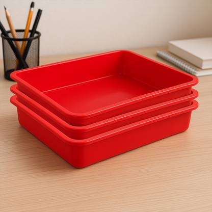 KUBER INDUSTRIES Multiuses Rectangular Plastic Large Tray, Bin, Organizer Pack of 3 (Red) Tray