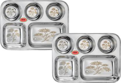 Jesal STEEL Steel Heavy Gauge 5 in 1 Dinner Plate / bhojan thali Sectioned Plate Dinner Plate