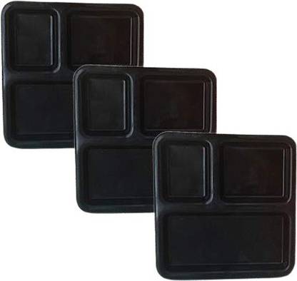 Kanha Microwave Safe Gloss Finish 3 Compartment Black Square Plastic Section Plates For Serving Snacks Breakfast (25x25 cm) Sectioned Plate