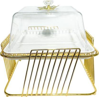 Lemon Tree Square Ceramic Cake Stand with Dome Cover LID and Metal Stand White Tray