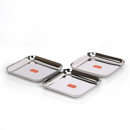 Sumeet Stainless Steel Medium Square Shape Snacks Plate / Breakfast Plate Set-3pcs,20cm Half Plate