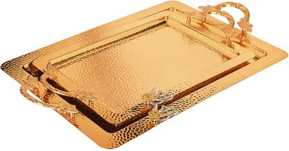 Zeeshad Stainless Steel Serving Tray |2 Square Tray Set - Gold Tray