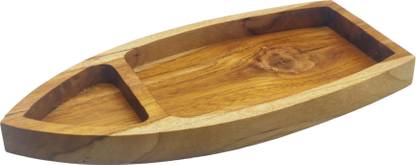 AppEasy Wooden Boat Shape Serving Tray/Platter for Snacks, Fruits (2 Section-1 Pc) Chip & Dip Tray