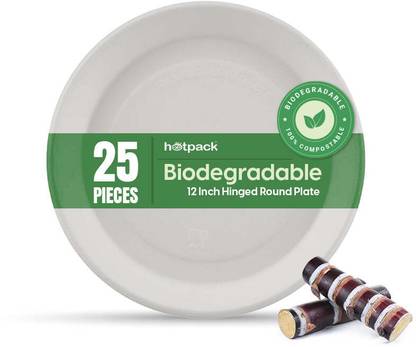 Hotpack 25 Pieces Biodegradable 12 Inch Hinged Round Plate - Natural Disposable Dinner Plate
