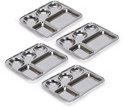 LolyKitch Stainless Steel Rectangular 5 in 1 Compartment/Dinner Plate Set of 4 Pcs Dinner Plate