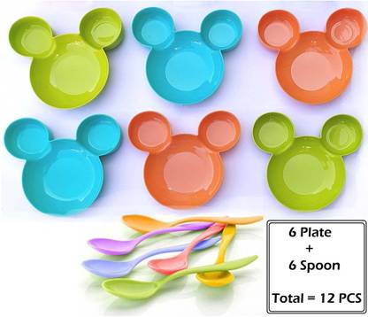 Kitchwish Mickey Mouse Shape Plates for Kids, BPA Free Baby Cartoon Plates, And Unbreakable ABS Stylist baby Spoon for kids, Ice-cream Spoon, Table Spoon Set Sectioned Plate