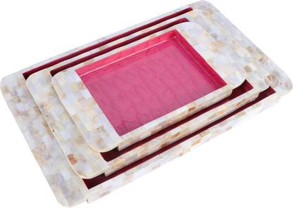 The Home Co Wooden Dark Pink Mother Of Pearl Rectangle Serving Tray Set For Home Tray