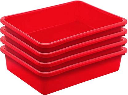 KUBER INDUSTRIES Multiuses Rectangular Plastic Large Tray, Bin, Organizer Pack of 4 (Red) Tray