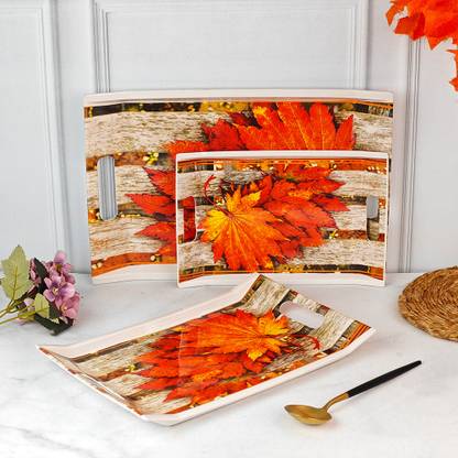 U.P.C. Leaf Printed Melamine Serving Tray, Set of 3 (Small, Medium and Large Size) Villori Series Tray