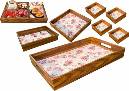 Enigmatic Woodworks Wooden Serving Trays - Decorative Tray Set of 7 (Theme Flower) Tray
