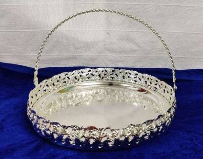 arexclusive Multipurpose Handcrafted White Metal German Silver Plate with handle Tray