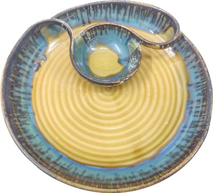 Shopgenee Handmade Ceramic Chip & Dip Platter Serving Platter with Dip Bowl for Snacks Chip & Dip Tray