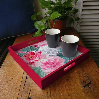 Brahma Design Red Chrysanthemums Red Border Dining Serving and Desk Square Tray