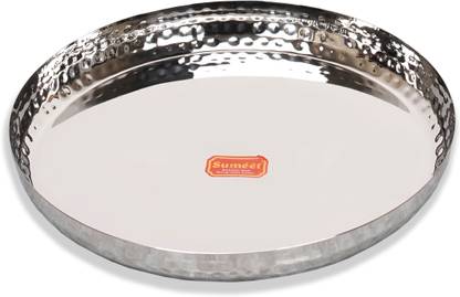 Sumeet S.S Handcrafted Hammered Texture Heavy Gauge Mirror Finish Dinner Plate, 29.5cm Dinner Plate