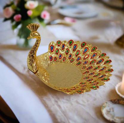 Puja Celebrations Golden Peacock Fruit Plate Display Dish Dessert Candy Snack Tray Tray