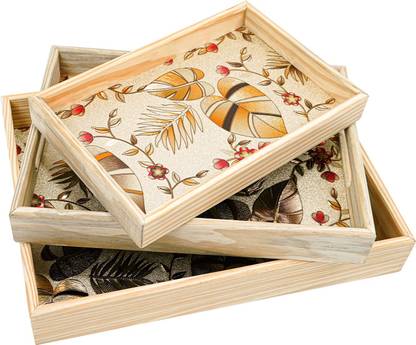 ADA Handicraft Bamboo Designer Serving Tray Leaf print Design Serving Platters Wooden Tray Tray